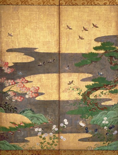 Vogels met herfst- en winterbloemen door Japanese School